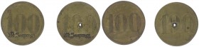 Franz Joseph I. 1848 - 1916
Jeton zu 100 Heller, o. Jahr. 2 Stück, Messing, über 100 (Heller), mit Alt Innsprugg gestempelt.
7,18g, 7,14g
1x gelocht.
...