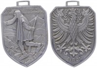 Alu-Anhänger, o. Jahr
Ich schütze dich in meinen Bergen, Av. Schutzgeist ?, Rv. Tiroler Adler, Dm 49x34 mm.. 6,45g
ss