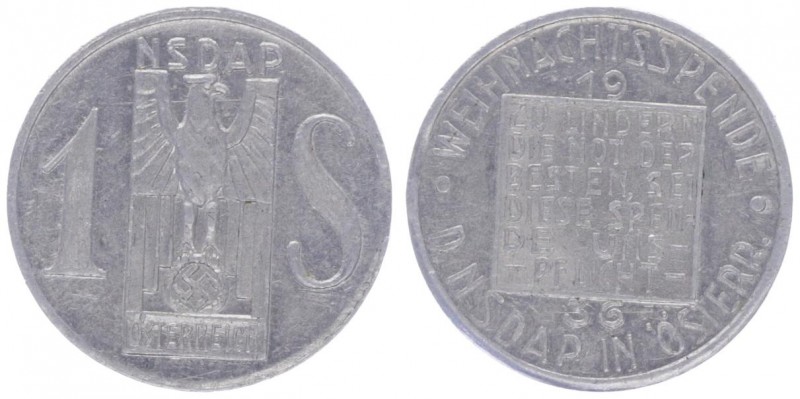 Alumedaille, 1936
der NSDAP Weihnachtsspende, 1 Schilling, Dm 26 mm.. Wien
1,68g...