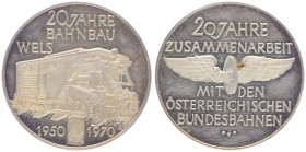 Silbermedaille, 1970
auf 20 Jahre Bahnbau Wels, Dm 40 mm.. Wien
25,62g
PP-
