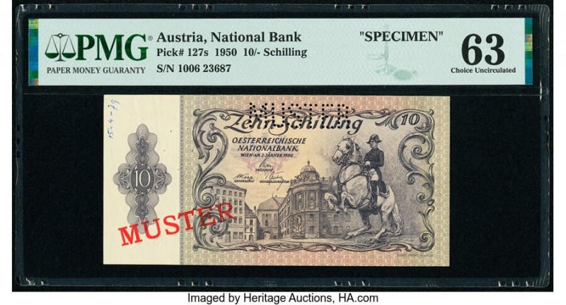 Austria Austrian National Bank 10 Schilling 1950 Pick 127s Specimen PMG Choice U...