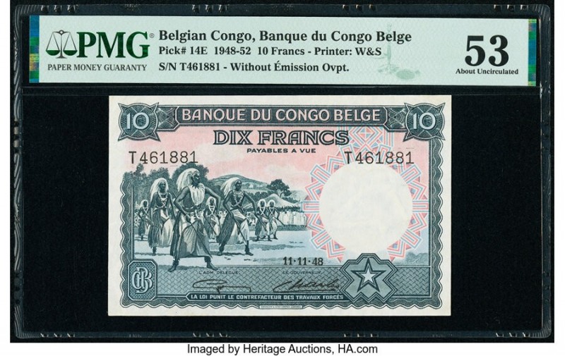 Belgian Congo Banque du Congo Belge 10 Francs 11.11.1948 Pick 14E PMG About Unci...