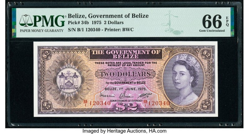 Belize Government of Belize 2 Dollars 1.6.1975 Pick 34b PMG Gem Uncirculated 66 ...