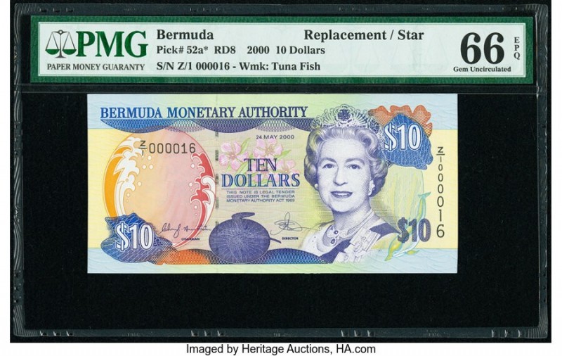 Bermuda Monetary Authority 10 Dollars 2000 Pick 52a* RD8 Replacement PMG Gem Unc...