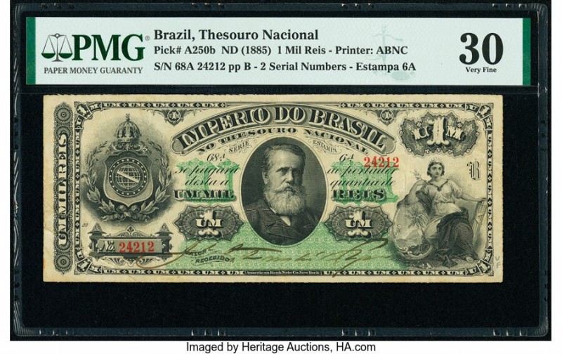 Brazil Thesouro Nacional 1 Mil Reis ND (1885) Pick A250b PMG Very Fine 30. 

HID...