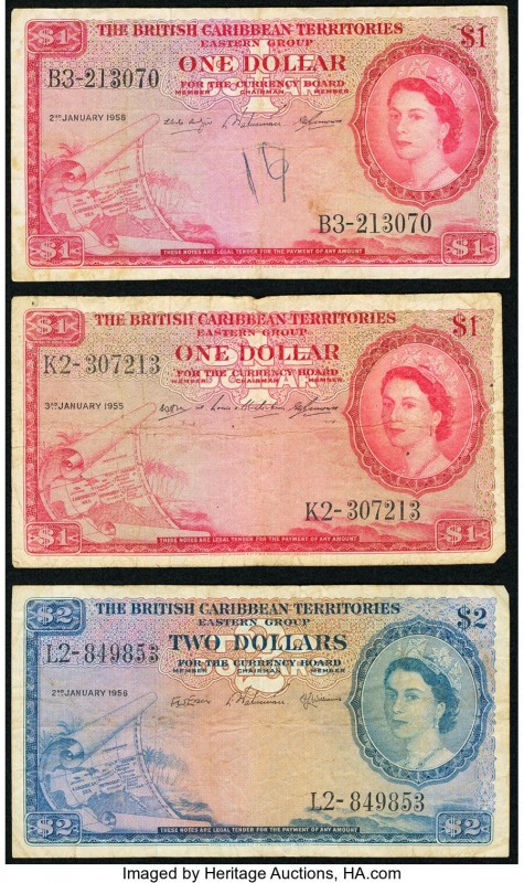 British Caribbean Territories Currency Board 1 (2); 2 Dollars 1958 (2); 1955 Pic...