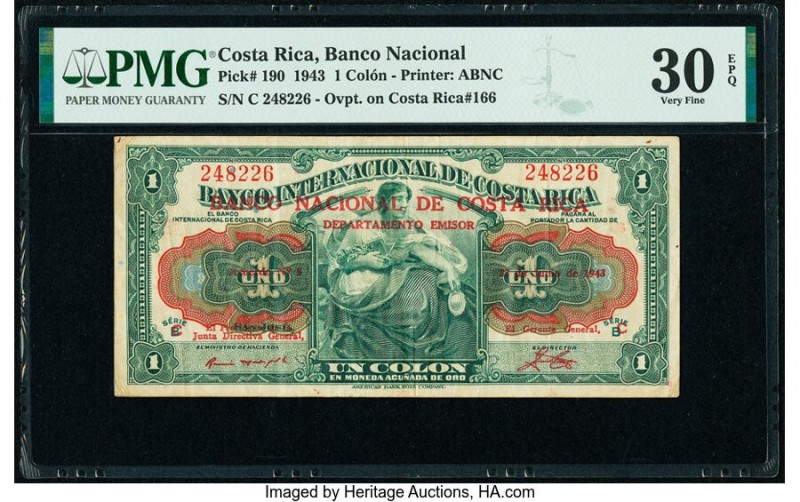 Costa Rica Banco Nacional de Costa Rica 1 Colon 23.6.1943 Pick 190 PMG Very Fine...