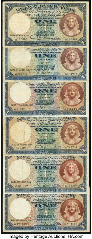Egypt National Bank of Egypt 1 Pound 1940-45 Pick 22c 6 Examples Very Fine. Stai...