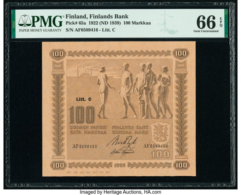 Finland Finlands Bank 100 Markkaa 1922 (ND 1939) Pick 65a PMG Gem Uncirculated 6...