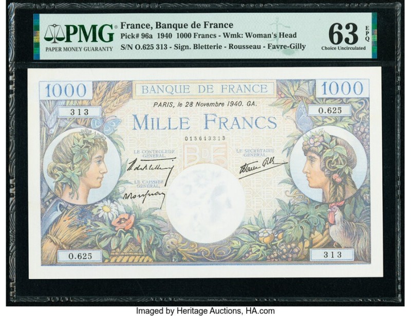 France Banque de France 1000 Francs 28.11.1940 Pick 96a PMG Choice Uncirculated ...