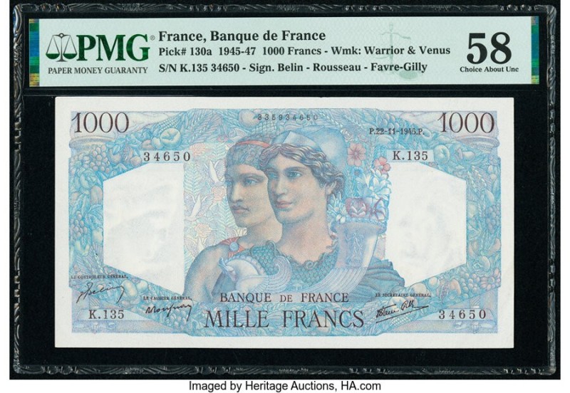 France Banque de France 1000 Francs 22.11.1945 Pick 130a PMG Choice About Unc 58...