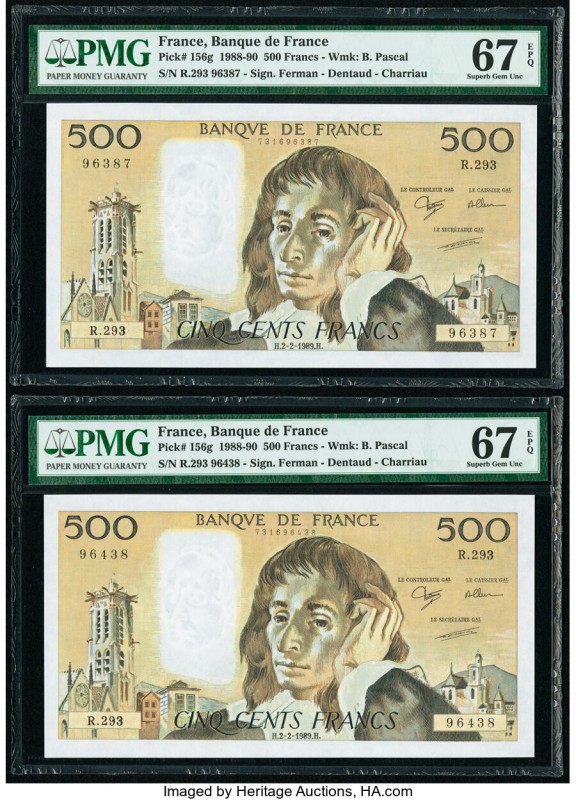 France Banque de France 500 Francs 2.2.1989 Pick 156g Two Consecutive Examples P...