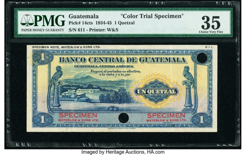 Guatemala Banco Central de Guatemala 1 Quetzal 1934-45 Pick 14cts Color Trial Sp...