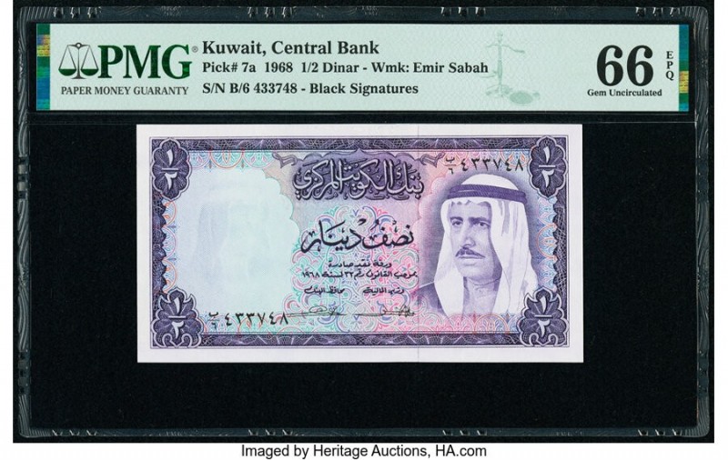 Kuwait Central Bank of Kuwait 1/2 Dinar 1968 Pick 7a PMG Gem Uncirculated 66 EPQ...
