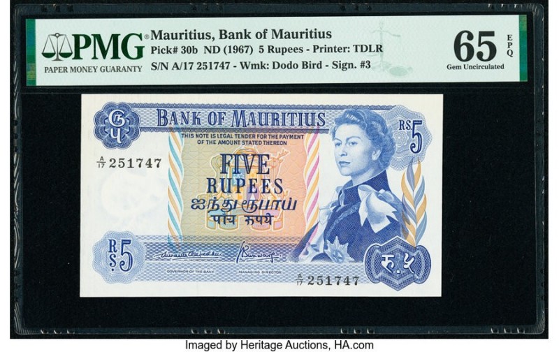 Mauritius Bank of Mauritius 5 Rupees ND (1967) Pick 30b PMG Gem Uncirculated 65 ...