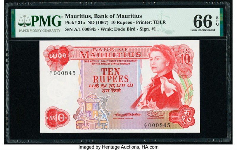 Mauritius Bank of Mauritius 10 Rupees ND (1967) Pick 31a PMG Gem Uncirculated 66...