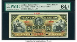 Mexico Banco Minero 5 Pesos ND (1888-97) Pick S163s2 M131s Specimen PMG Choice Uncirculated 64 EPQ. Red Specimen overprints; two POCs.

HID09801242017...