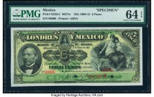 Mexico Banco de Londres y Mexico 5 Pesos ND (1900-13) Pick S233s1 M271s Specimen PMG Choice Uncirculated 64 EPQ. 

HID09801242017

© 2020 Heritage Auc...