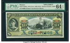 Mexico Banco Nacional de Mexico 10 Pesos ND (1885-1913) Pick S258s2 M299s Specimen PMG Choice Uncirculated 64 EPQ. Red Specimen overprint; two POCs.

...