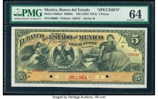 Mexico Banco Del Estado De Mexico 5 Pesos ND (1897-1912) Pick S329s3 M396s Specimen PMG Choice Uncirculated 64. Red Specimen overprint; two POCs; stai...