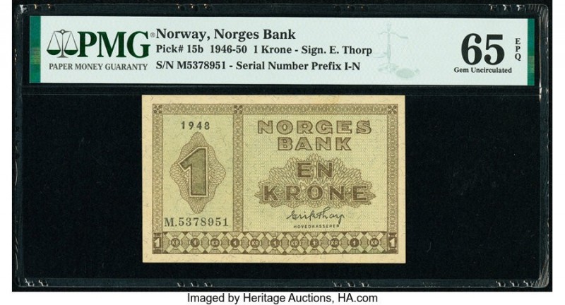 Norway Norges Bank 1 Krone 1948 Pick 15b PMG Gem Uncirculated 65 EPQ. 

HID09801...