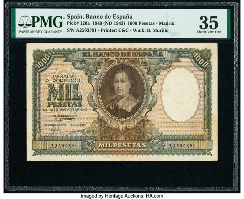 Spain Banco de Espana 1000 Pesetas 9.1.1940 (ND 1943) Pick 120a PMG Choice Very ...