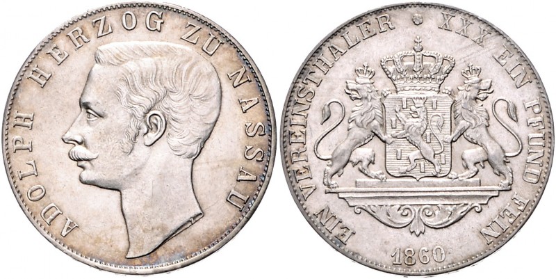 Nassau Adolph 1839-1866 Vereinstaler 1860 Kahnt 313. Dav. 747. AKS 63. Thun 234....