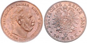 Preussen Wilhelm I. 1861-1888 10 Mark 1888 A Probe in Kupfer, glatter Rand, 2,58g, Fehlprägung: 50 Grad Stempeldrehung nach links J. zu 245. Schaaf -....
