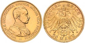 Preussen Wilhelm II. 1888-1918 20 Mark 1913 A J. 253. 
kl. Kr., min. Rf. f.vz/vz+