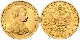 Preussen Wilhelm II. 1888-1918 20 Mark 1914 A J. 253. 
kl. Kr. vz-