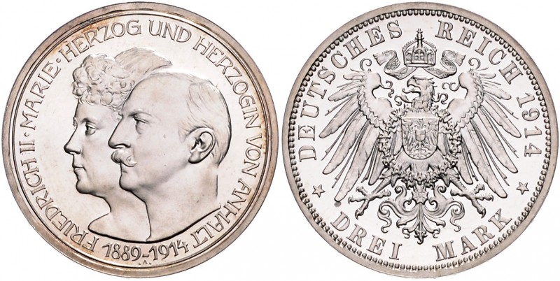 Anhalt Friedrich II. 1904-1918 3 Mark 1914 A Zur Silbernen Hochzeit J. 24. 
l.b...