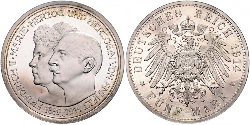 Anhalt Friedrich II. 1904-1918 5 Mark 1914 A Zur Silbernen Hochzeit J. 25. 
win...