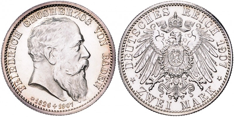 Baden Friedrich I. 1856-1907 2 Mark 1907 (G) auf den Tod des Großherzogs J. 36. ...