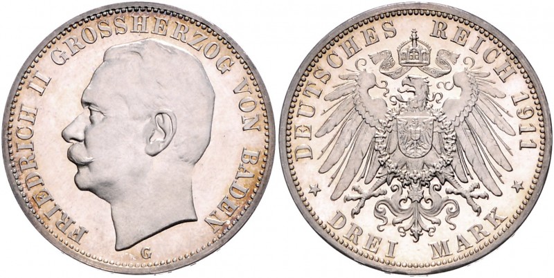 Baden Friedrich II. 1907-1918 3 Mark 1911 G J. 39. 
min.ber. PP