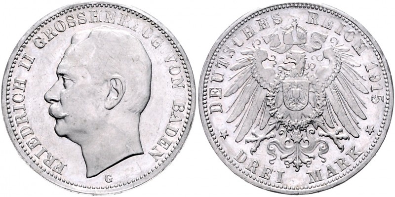 Baden Friedrich II. 1907-1918 3 Mark 1915 Probe in Aluminium mit dünnem Kupferke...