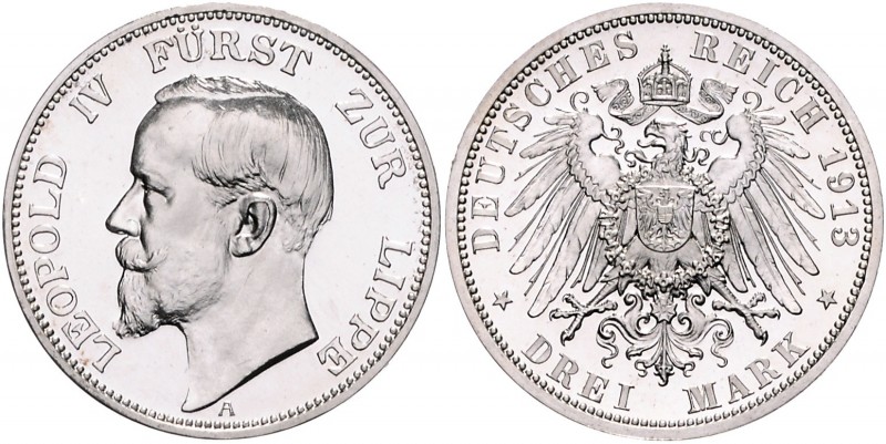 Lippe Leopold IV. 1905-1918 3 Mark 1913 A J. 79. 
min. ber. PP