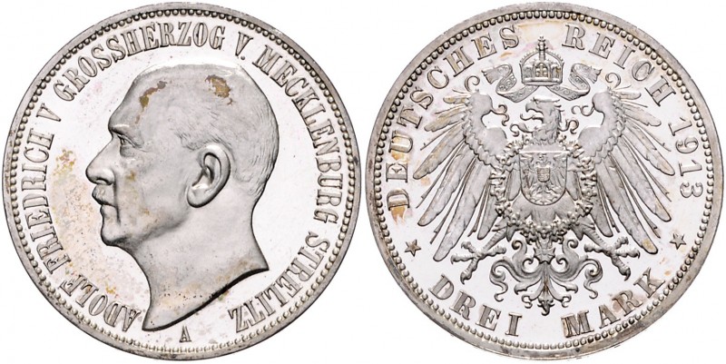 Mecklenburg - Strelitz Adolf Friedrich V. 1904-1918 3 Mark 1913 A J. 92. 
min. ...