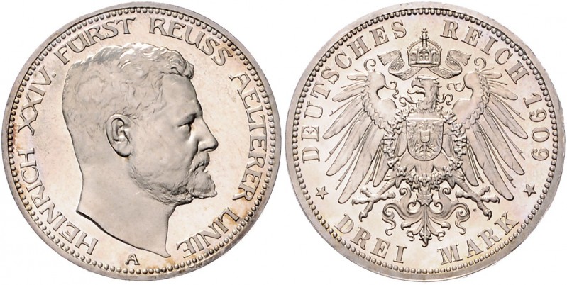 Reuss - Obergreiz Heinrich XXIV. 1902-1918 3 Mark 1909 A J. 119. 
min. ber. PP