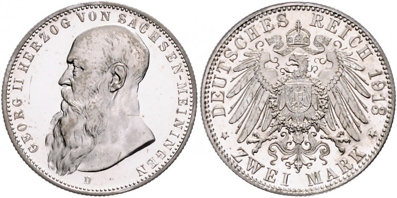 Sachsen - Meiningen Georg II. 1866-1915 2 Mark 1913 D Der Bart ist 1,5mm vom Per...