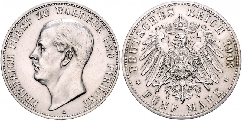 Waldeck-Pyrmont Friedrich 1893-1918 5 Mark 1903 A Fassungsspuren, Rs. repariert ...