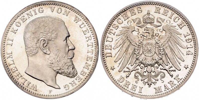 Württemberg Wilhelm II. 1891-1918 3 Mark 1914 F J. 175. 
min.ber. PP