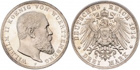 Württemberg Wilhelm II. 1891-1918 3 Mark 1914 F J. 175. 
min.ber. PP
