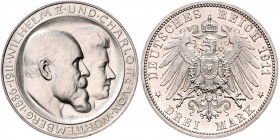 Württemberg Wilhelm II. 1891-1918 3 Mark 1911 F Zur Silbernen Hochzeit. Der Querstrich im H von CHARLOTTE liegt genau in der Mitte, die Ziffern 6 und ...