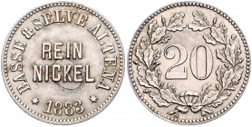 Kaiserreich Kleinmünzen 20 Pfennig 1883 Probeprägung der Vereinten Deutschen Metallwerke in Reinnickel. J. zu 6. Schaaf -. Beckenb. -. 
 vz-