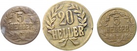 Deutsch-Ostafrika Lot o.J. von 3 Stücken: 5 Heller 1916 T, modifizierter Stempel mit der hohen Krone (selten), 5 Heller 1916 T und 20 Heller 1916 T J....