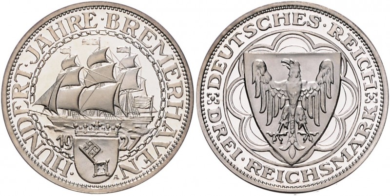 Weimarer Republik 3 Reichsmark 1927 A 100 Jahre Bremerhaven J. 325. 
Prachtexem...