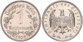 Drittes Reich 1 Reichsmark 1939 J Probeprägung in Chromstahl, vernickelt, Rand glatt, ohne Arabesken J. zu354. Schaaf -. Beckenb. -. 
 f.st