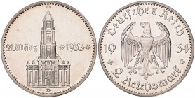 Drittes Reich 2 Reichsmark 1934 D Zum Jahrestag der Eröffnung des Reichstags, Garnisonskirche mit Datum J. 355. 
l.ber. PP