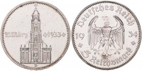 Drittes Reich 5 Reichsmark 1934 D Zum Jahrestag der Eröffnung des Reichstags, Garnisonskirche mit Datum J. 356. 
 PP-