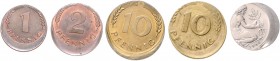 Bundesrepublik Deutschland Lot o.J. von 5 Fehlprägungen: Bank Deutscher Länder: 10 Pfennig 1949 G, BRD: 1 Pfennig 1968 G, 2 Pfennig 1971 G, 10 Pfennig...